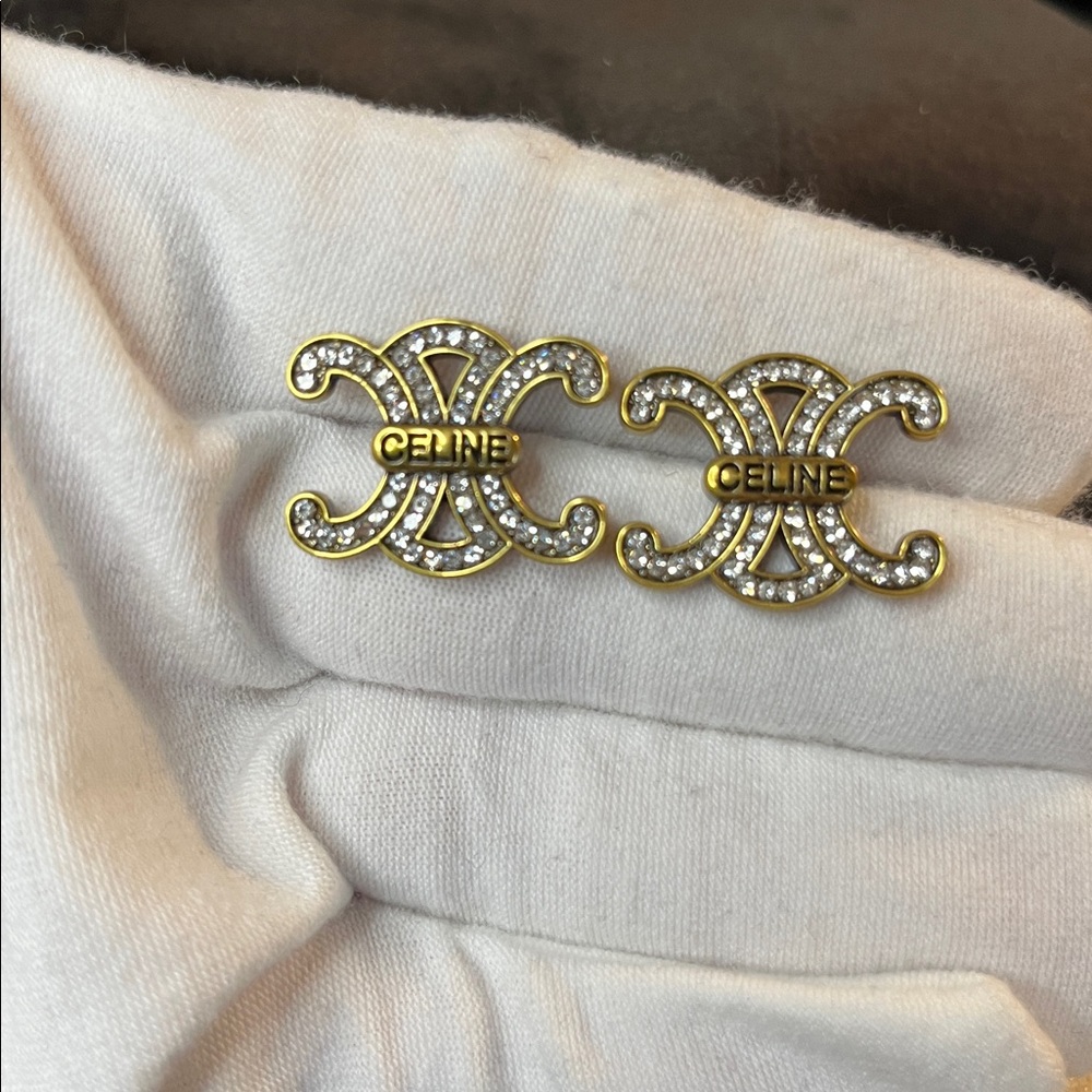Vintage Gold Tone Crystal Celine Earrings - Picture 6 of 7